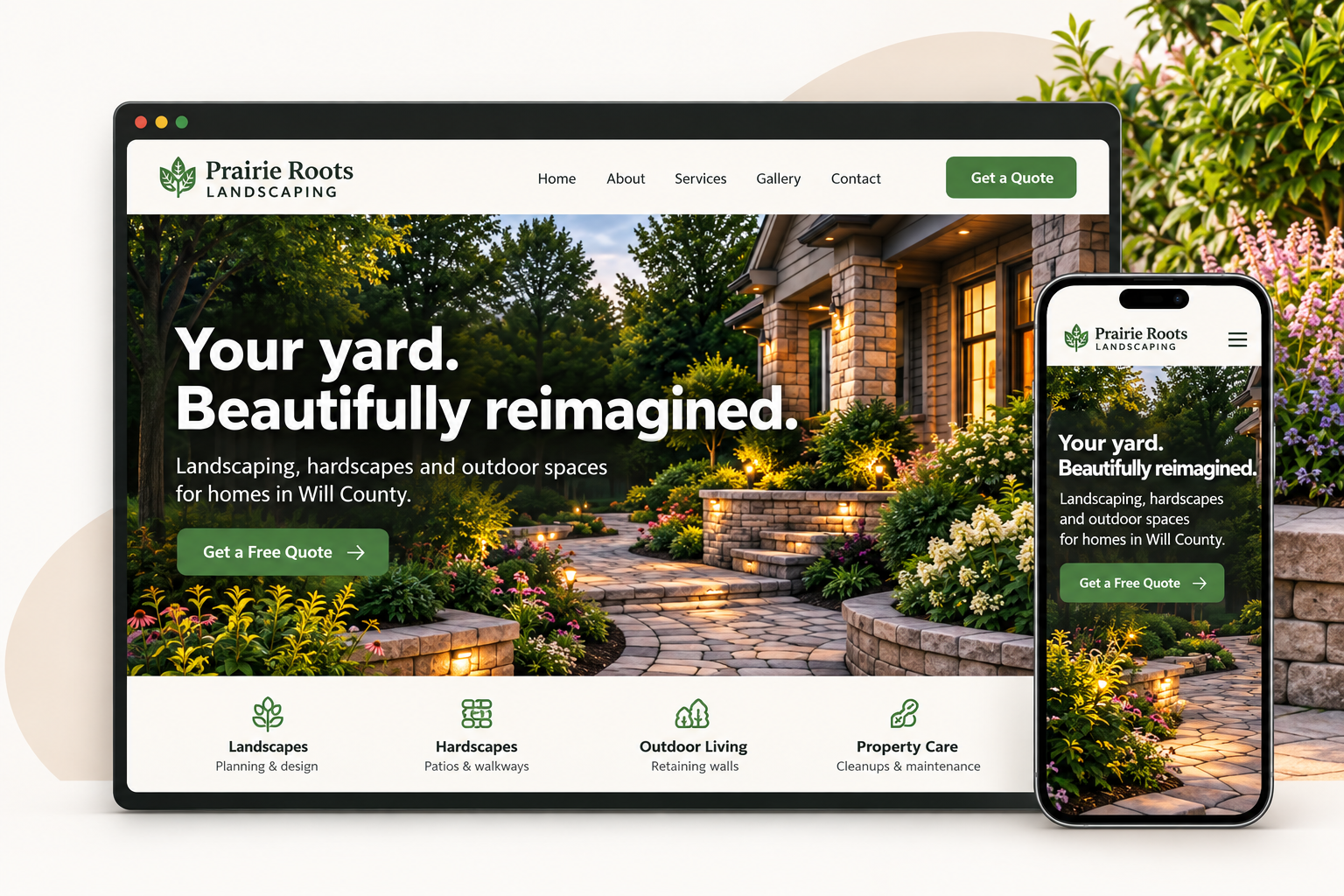 Example Prairie Roots Landscaping website shown on desktop and mobile, with a garden photo and clear ways to request a quote.